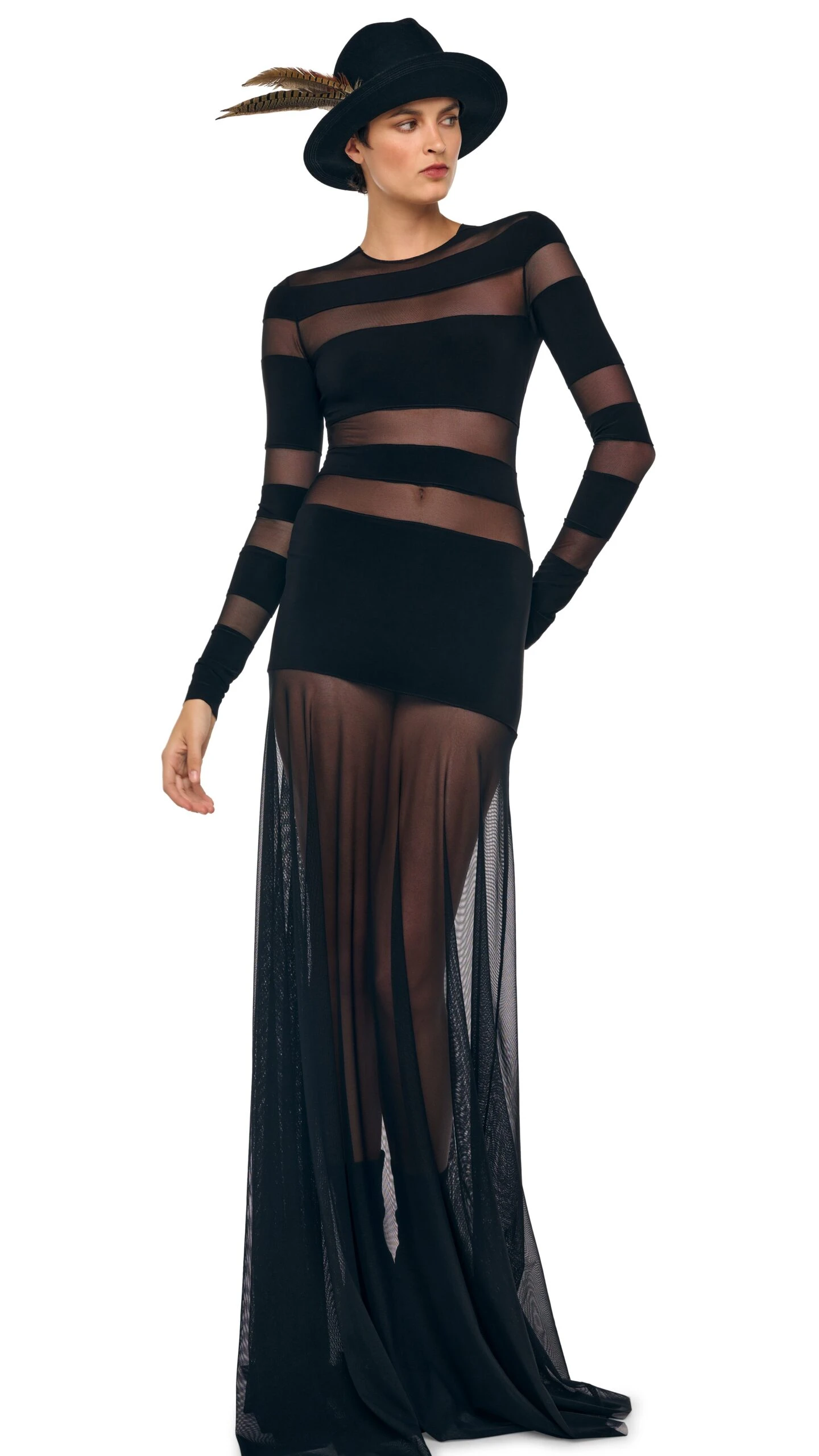 SPLICED LONG SLEEVE FLARED GOWN 1 SPLICED LONG SLEEVE FLARED GOWN