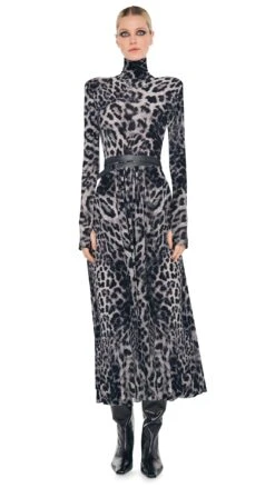 LS SHOULDER PAD TURTLE FLARED DRESS TO MIDCALF