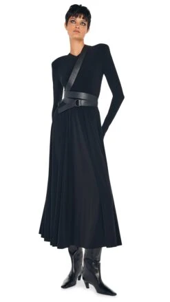 LS SHOULDER PAD V NECK FLARED DRESS