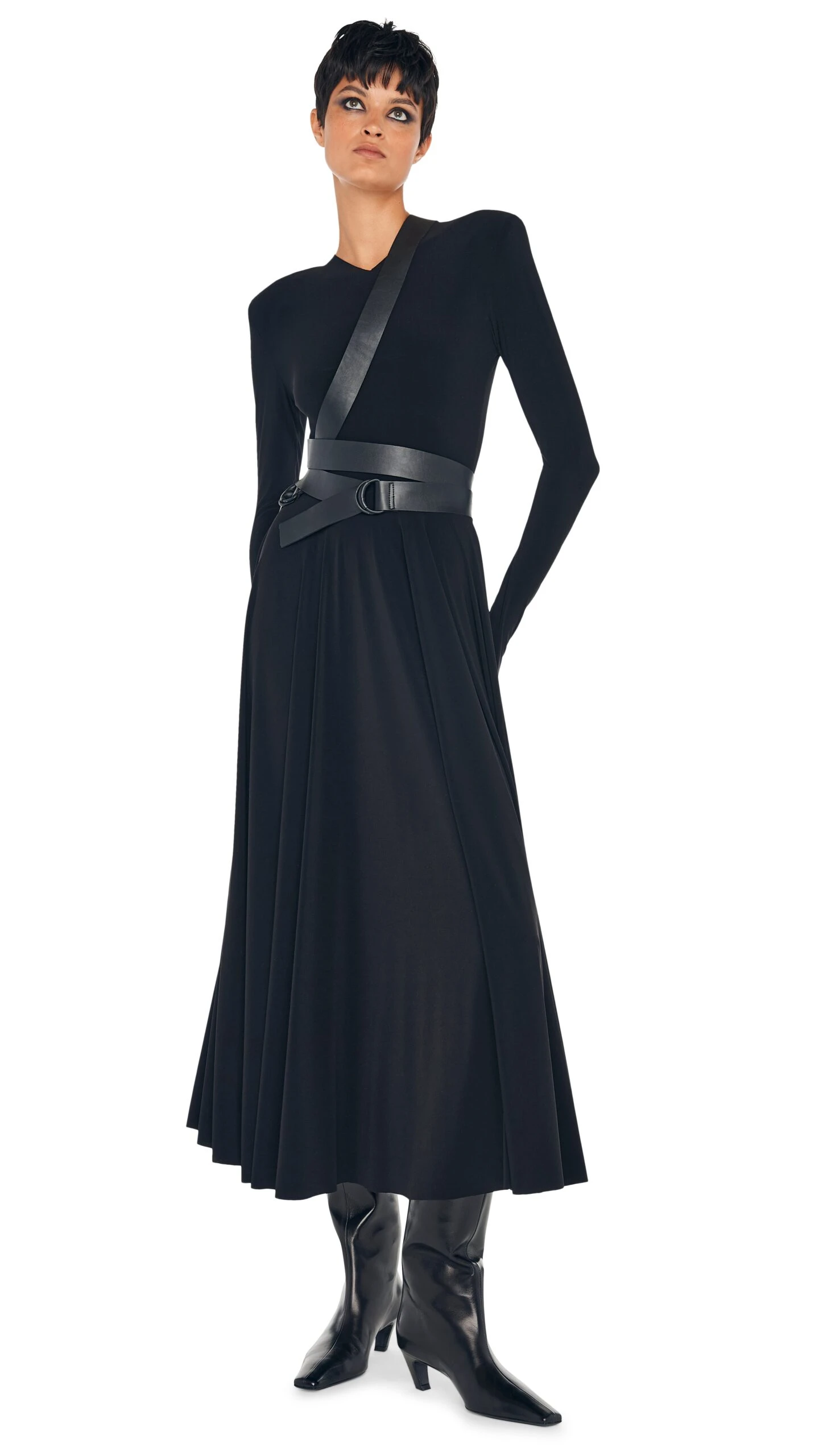 LS SHOULDER PAD V NECK FLARED DRESS 1 LS SHOULDER PAD V NECK FLARED DRESS