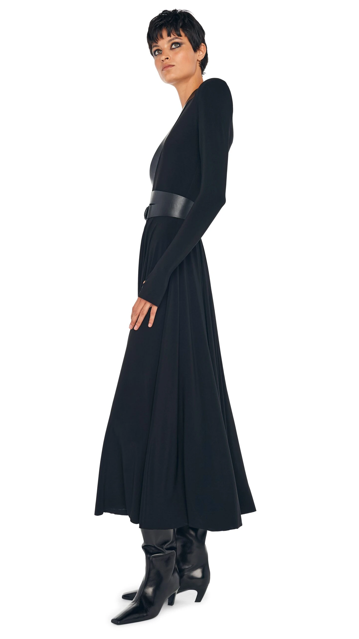 LS SHOULDER PAD V NECK FLARED DRESS 2 LS SHOULDER PAD V NECK FLARED DRESS - Image 2