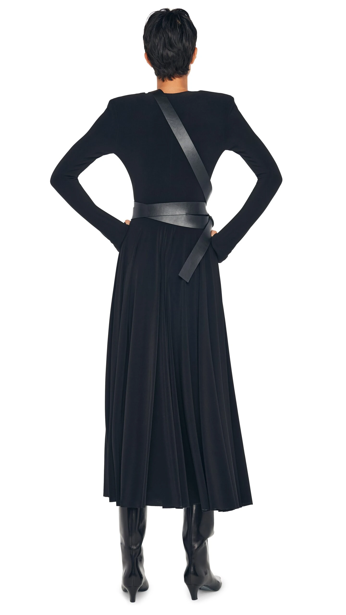 LS SHOULDER PAD V NECK FLARED DRESS 3 LS SHOULDER PAD V NECK FLARED DRESS - Image 3