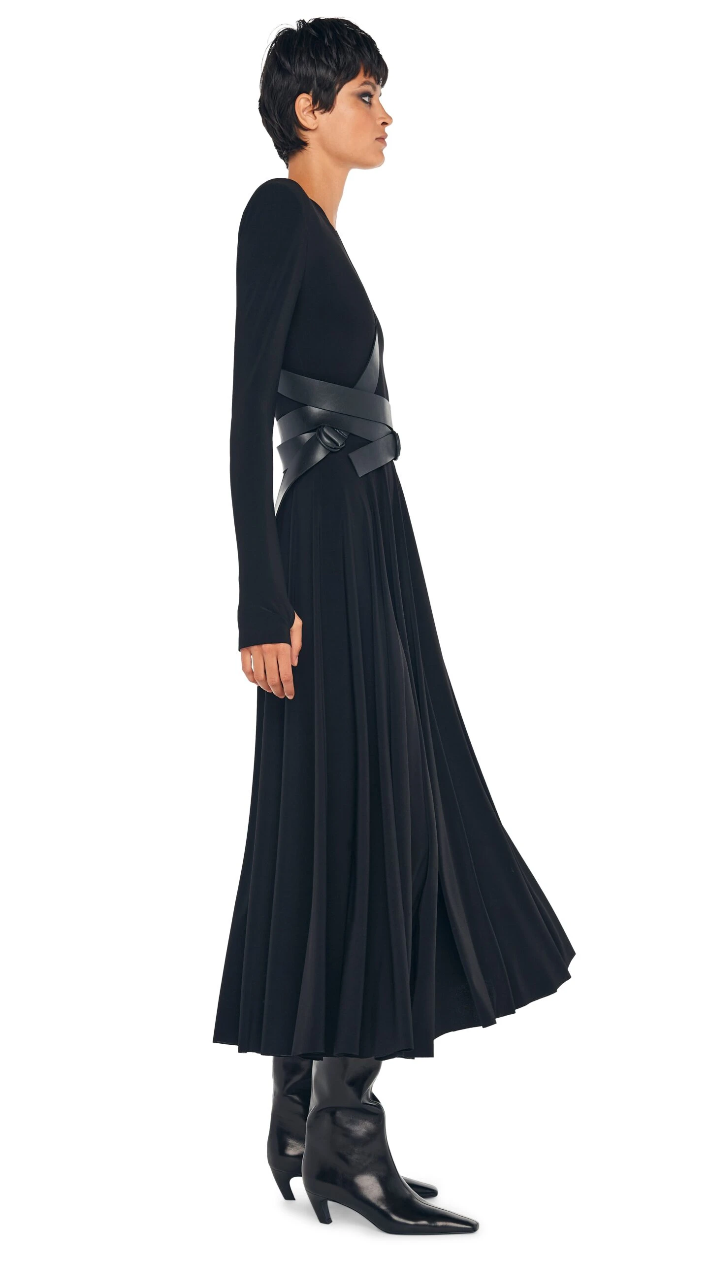 LS SHOULDER PAD V NECK FLARED DRESS 4 LS SHOULDER PAD V NECK FLARED DRESS - Image 4