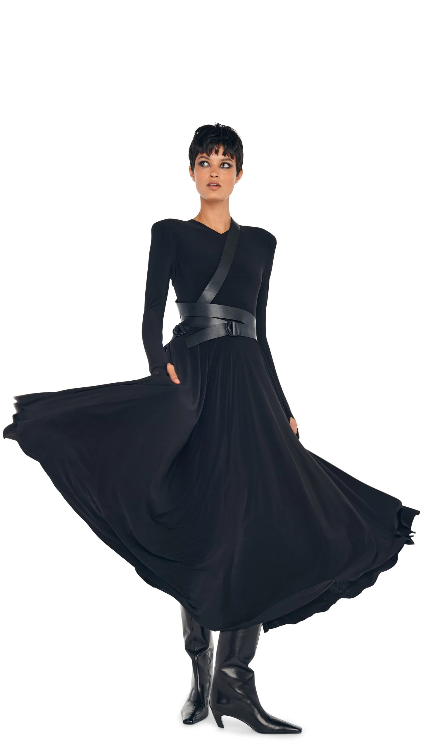 LS SHOULDER PAD V NECK FLARED DRESS 8 LS SHOULDER PAD V NECK FLARED DRESS - Image 8