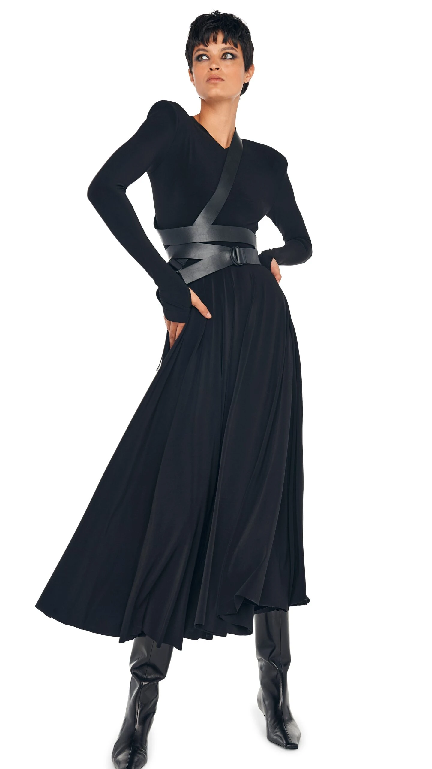 LS SHOULDER PAD V NECK FLARED DRESS 5 LS SHOULDER PAD V NECK FLARED DRESS - Image 5