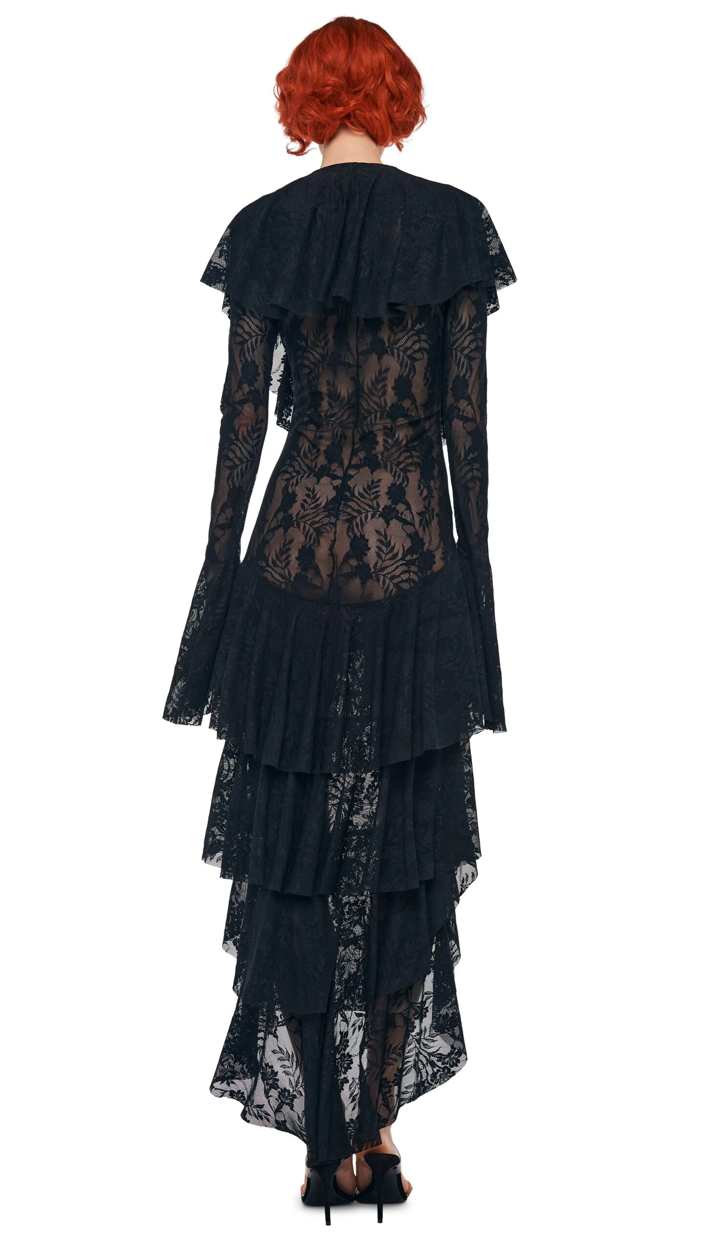 HI LOW LONG SLEEVE DEEP V RUFFLE GOWN 3 HI LOW LONG SLEEVE DEEP V RUFFLE GOWN - Image 3