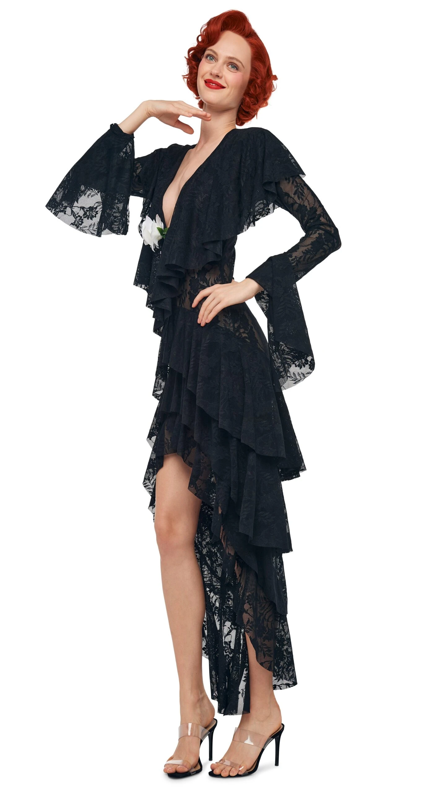 HI LOW LONG SLEEVE DEEP V RUFFLE GOWN 5 HI LOW LONG SLEEVE DEEP V RUFFLE GOWN - Image 5