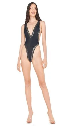 SWIM GUNMETAL STUD V NECK MARISSA