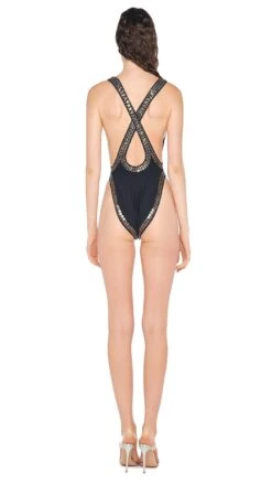 SWIM GUNMETAL STUD V NECK MARISSA 11 SWIM GUNMETAL STUD V NECK MARISSA -Norma Kamali 5 15 24 nk 13893