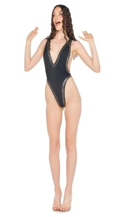 SWIM GUNMETAL STUD V NECK MARISSA 12 SWIM GUNMETAL STUD V NECK MARISSA -Norma Kamali 5 15 24 nk 13915