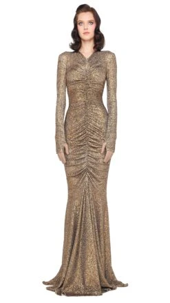 LS V NECK SHIRRED FRONT FISHTAIL GOWN
