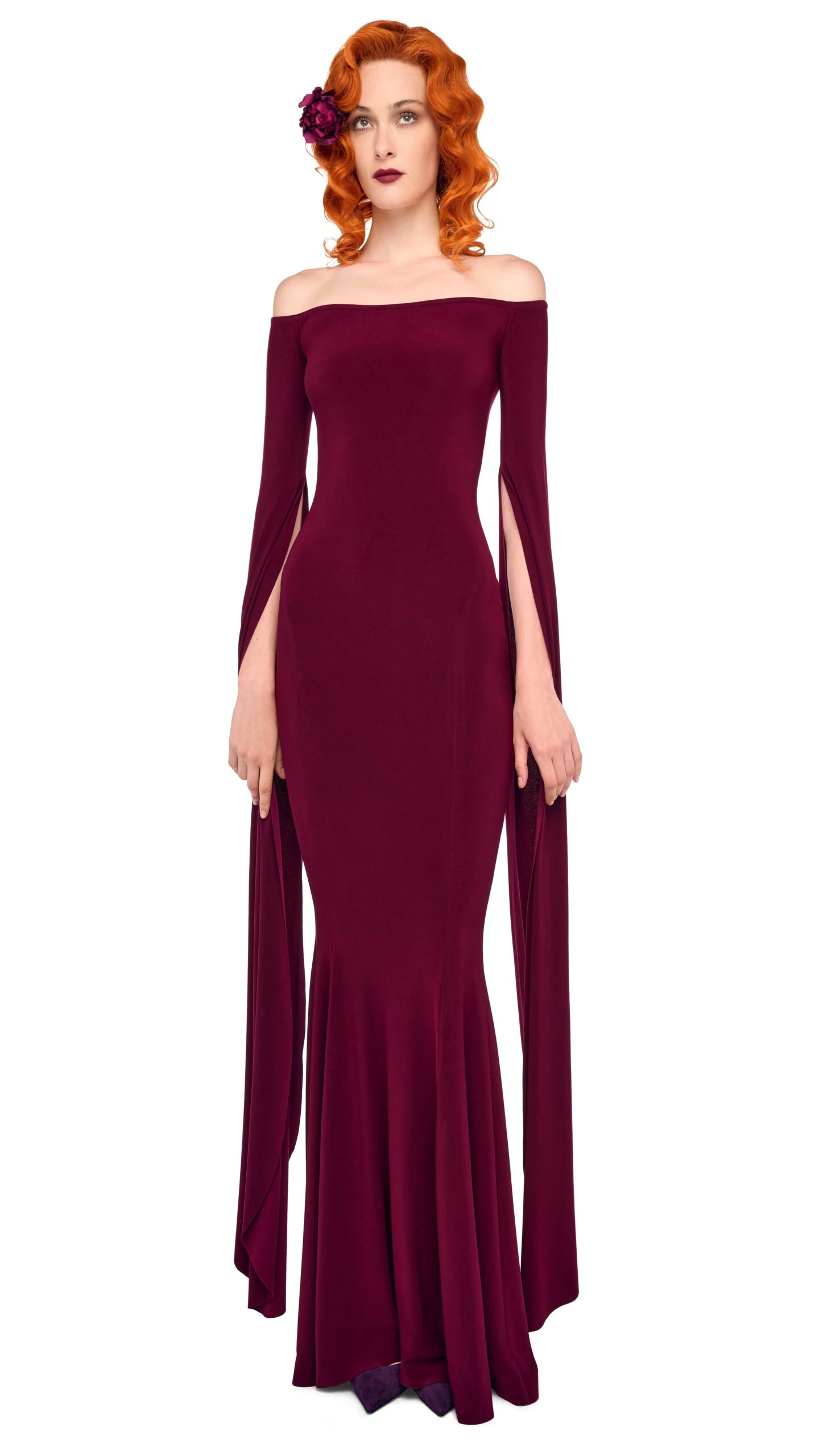 OFF SHOULDER RIBBON SLEEVE FISHTAIL GOWN 1 OFF SHOULDER RIBBON SLEEVE FISHTAIL GOWN