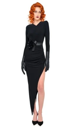 LS SHOULDER PAD V NECK SIDE DRAPE GOWN