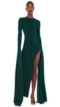 OPEN BACK RIBBON SLEEVE WIDE SLIT GOWN