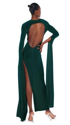 OPEN BACK RIBBON SLEEVE WIDE SLIT GOWN -Norma Kamali 5 16 23nk00301 emerald