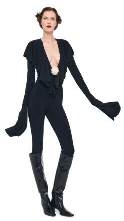 LS DEEP V RUFFLE CATSUIT W/ FOOTIE -Norma Kamali 8 27 24nk00130