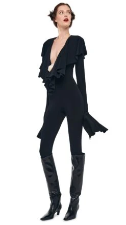 LS DEEP V RUFFLE CATSUIT W/ FOOTIE -Norma Kamali 8 27 24nk00302