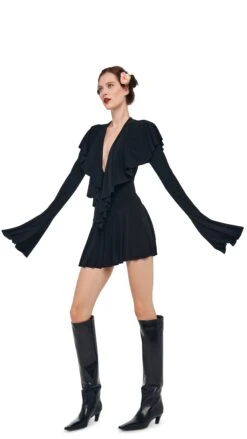 LS DEEP V RUFFLE MINI DRESS -Norma Kamali 8 27 24nk00405