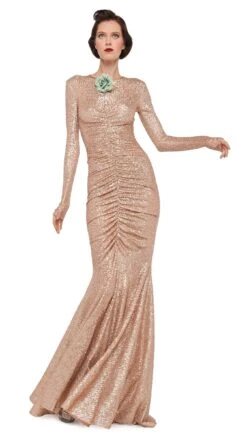 LONG SLEEVE V NECK SHIRRED FRONT FISHTAIL GOWN