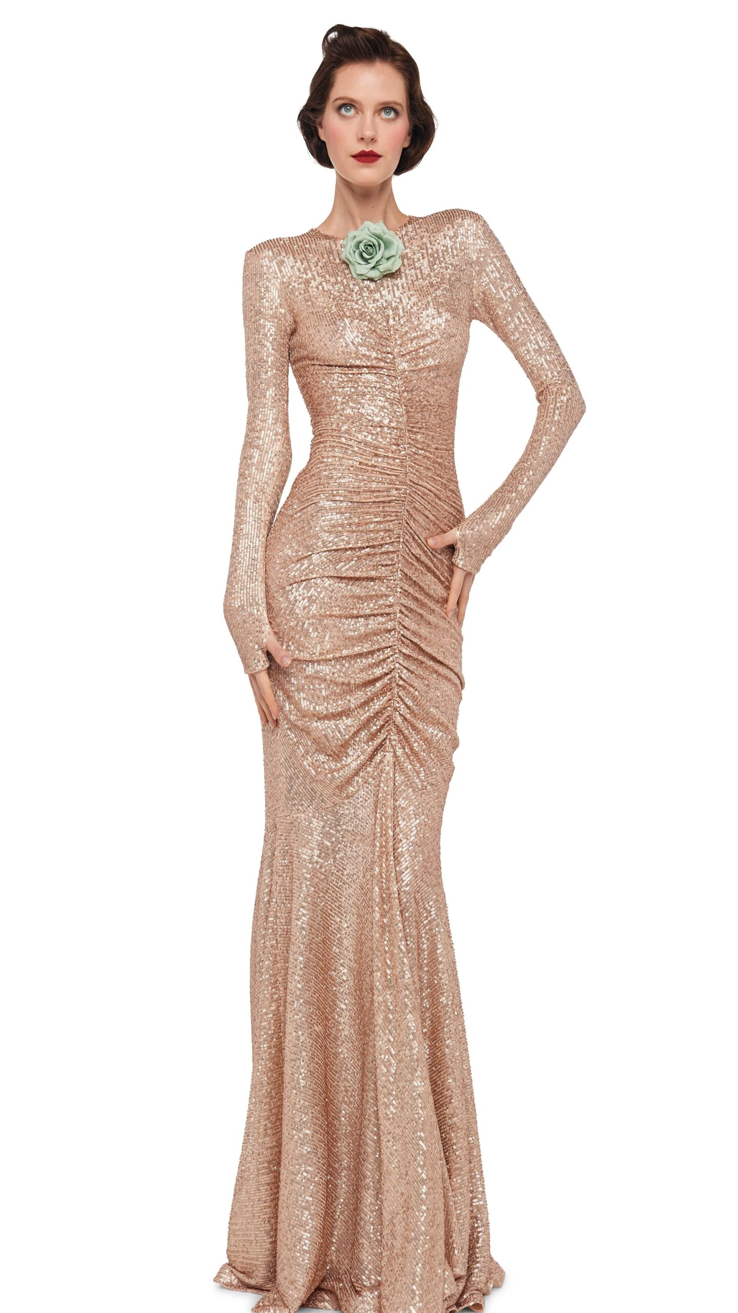 LONG SLEEVE V NECK SHIRRED FRONT FISHTAIL GOWN 5 LONG SLEEVE V NECK SHIRRED FRONT FISHTAIL GOWN - Image 5